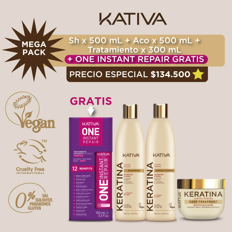 Shampoo + Tratamiento + Acondicionador KERATINA + GRATIS Termoprotector