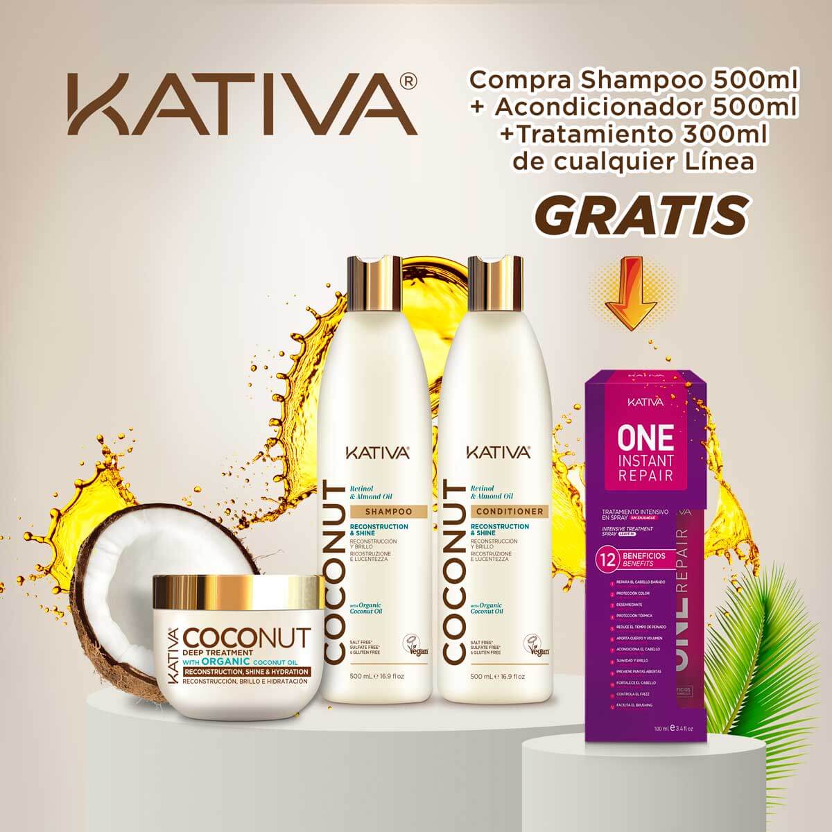 Shampoo+ Tratamiento + Acondicionador COCONUT + GRATIS Termoprotector